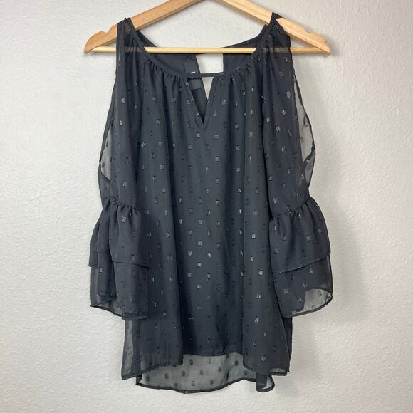 IZ Byer Black Cold Shoulder Sheer Ruffle Sleeve Small Dark Romantic Whimsigoth - Picture 1 of 10
